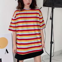 夏季新款休闲宽松圆领简约百搭条纹韩版短袖T恤上衣女学生打底衫