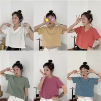 夏季短袖T恤女韩版学生慵懒风宽松纯色个性港味短款糖果色上衣女