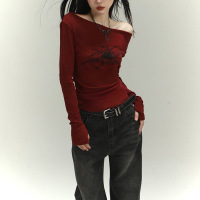 少女秋冬辣妹穿搭性感别致甜辣一字肩斜肩网红INS上衣女长袖T恤