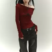 少女秋冬辣妹穿搭性感别致甜辣一字肩斜肩网红INS上衣女长袖T恤