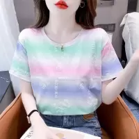 彩虹条纹扎染T恤短袖夏季新款韩版百搭休闲宽松圆领简约上衣