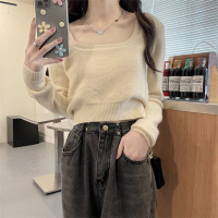 方领内搭长袖针织衫女装新款春秋季设计感小众高腰短款打底上衣潮