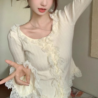 温柔风纯欲针织小开衫女装春秋季蕾丝毛衣茶歇法式内搭打底上衣潮