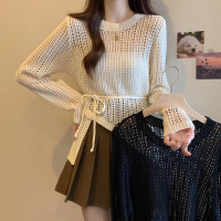 温柔风镂空长袖针织衫女装秋季新款薄款收腰显瘦罩衫宽松纯色上衣