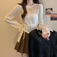 温柔风镂空长袖针织衫女装秋季新款薄款收腰显瘦罩衫宽松纯色上衣