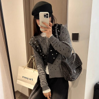 灰色波点针织开衫女秋冬季新款叠穿设计感小众显瘦长袖内搭上衣潮