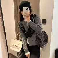 灰色波点针织开衫女秋冬季新款叠穿设计感小众显瘦长袖内搭上衣潮