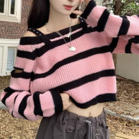 甜辣小心机针织衫女秋季网红新款高级感吊带露肩条纹撞色长袖上衣