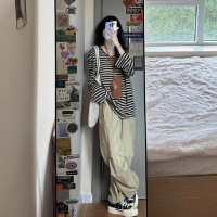 美式复古慵懒风条纹大领口宽松网红U领女秋季打底宽松纯欲辣妹INS