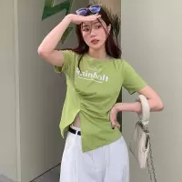 美式辣妹开叉短袖T恤女夏季含棉正肩打底衫女士性感短款上衣女装