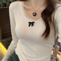 蕾丝打底衫女春秋新款白色内搭长袖T恤上衣设计感蝴蝶结小衫女装