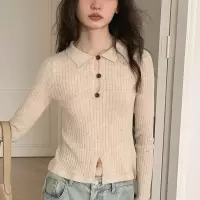 韩版镂空襟辣妹T恤女春秋季新款纯色设计感小众修身长袖上衣潮