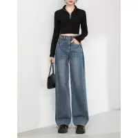 年秋创意气质牛仔阔腿裤女宽松大码高腰褶皱拖地长裤
