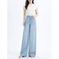 年秋季新款中高腰宽松阔腿裤女莱赛尔天丝垂顺牛仔裤