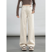 年秋季新款提花牛仔裤女米白色高腰创意皮标宽松阔腿长裤