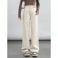 年秋季新款提花牛仔裤女米白色高腰创意皮标宽松阔腿长裤