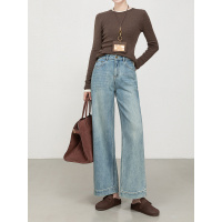 秋季宽松高腰弹力柔软九分阔腿裤肌理感刺绣牛仔裤女