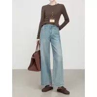 秋季宽松高腰弹力柔软九分阔腿裤肌理感刺绣牛仔裤女