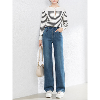 秋季撞色拼贴刺绣国风牛仔裤女阔腿裤垂感高腰直筒长裤