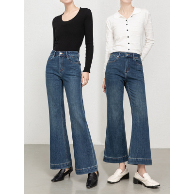 秋季新款四面弹牛仔拖地微喇裤女高腰休闲筒喇九分裤