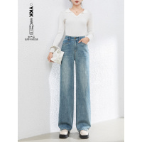 肌理感软牛仔裤阔腿裤女秋新款弹力刺绣宽松高腰垂感长裤