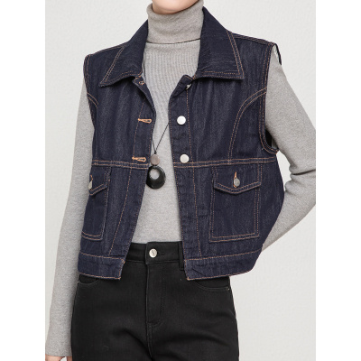 韩版开衫不易色牛仔马甲年秋季新款女高腰筒喇裤女