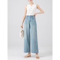 韩版浅色九分牛仔裤女年夏季薄款宽松垂感阔腿直筒裤