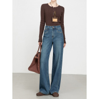 韩版高腰垂感牛仔阔腿裤年秋季新款弹力百搭直筒长裤