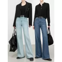 韩版高腰百搭喇叭拖地裤秋季新款宽松牛仔筒喇裤女L
