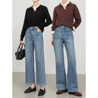 高腰休闲直筒九分裤年秋季新款四面弹牛仔阔腿长裤女