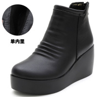 厚底靴女秋冬欧美风简约真皮松糕跟后拉链短靴复古圆头女棉靴
