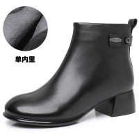 圆头切尔西靴秋冬时尚韩版短靴头层羊皮粗跟金属扣复古时装靴