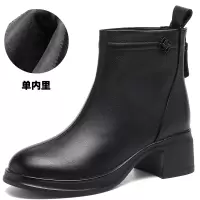 复古短靴女新款中跟加绒棉靴女圆头粗跟单靴牛皮短靴马丁靴
