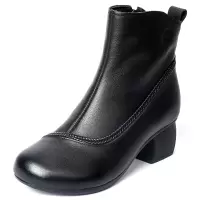 头层牛皮拼接休闲复古软底短靴民族25冬百搭皮靴中跟女靴妈妈单靴