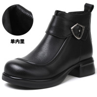 秋冬新款复古中筒女靴头层牛皮侧拉链厚底马丁靴百搭粗跟棉鞋