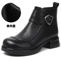 秋冬新款复古中筒女靴头层牛皮侧拉链厚底马丁靴百搭粗跟棉鞋