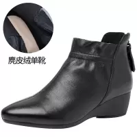 秋冬新款尖头粗跟坡跟短靴后拉链真皮复古软底加绒保暖女棉靴