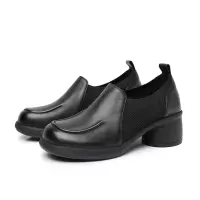 秋新款真皮小个子中跟单鞋女粗跟圆头针织弹力拼接深口女单鞋