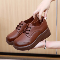 单鞋女春秋新款坡跟系带英伦圆头厚底女鞋真皮秋季百搭小皮鞋