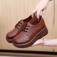 单鞋女春秋新款坡跟系带英伦圆头厚底女鞋真皮秋季百搭小皮鞋