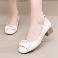 复古舒适百搭真皮韩版蝴蝶结工作女单鞋粗跟大码圆头显瘦四季女鞋