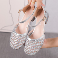 复古舒适透气百搭镂空编织夏季粗低跟圆头韩版中空包头凉鞋女