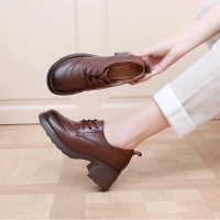 头层牛皮乐福鞋女春季新款真皮复古休闲系带厚底四季单鞋女鞋