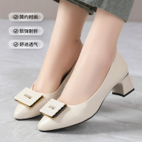 新款真皮粗跟单鞋女妈妈鞋中跟气质软底法式职业四季工作鞋