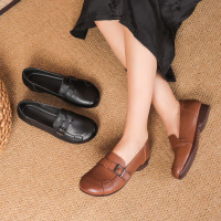 新款真皮粗跟深口女单鞋头层牛皮复古一脚蹬四季休闲妈妈单鞋