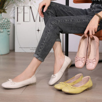 春秋圆头真皮蝴蝶结芭蕾单鞋女平底瓢鞋法式一脚蹬四季豆豆鞋