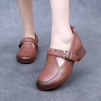 春秋女款鞋粗跟真皮软底韩版百搭真皮皮鞋中老年妈妈四季单鞋