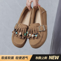 春秋季新款休闲挂珠单鞋复古女软底绒皮民族风真皮四季乐福鞋
