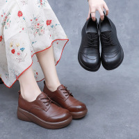 春秋新款坡跟真皮四季鞋女头层牛皮休闲系带厚底乐福鞋妈妈鞋
