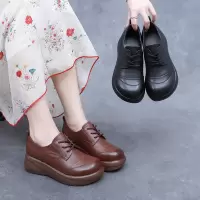 春秋新款坡跟真皮四季鞋女头层牛皮休闲系带厚底乐福鞋妈妈鞋